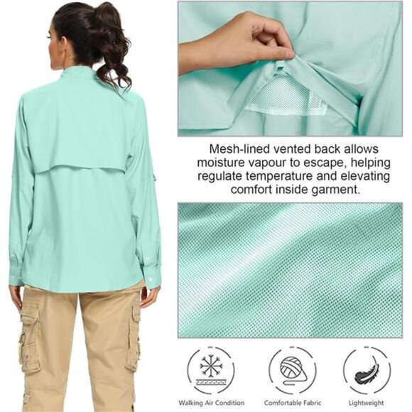 Women's UPF 50+ UV Sun Protection Safari Shirt, Long Sleeve Outdoor Cool Quick - Picture 4 of 16